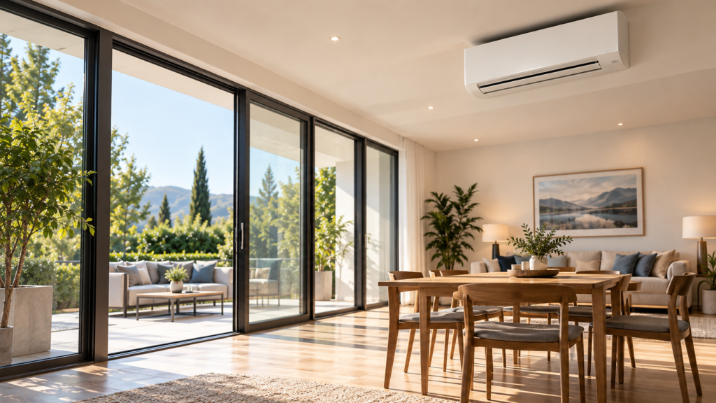 Salón moderno climatizado con sistema de aire acondicionado eficiente
